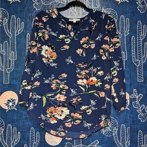 Fun2Fun 3/4 Sleeve Floral V Neckline Tunic Top Blue Women's Size Small